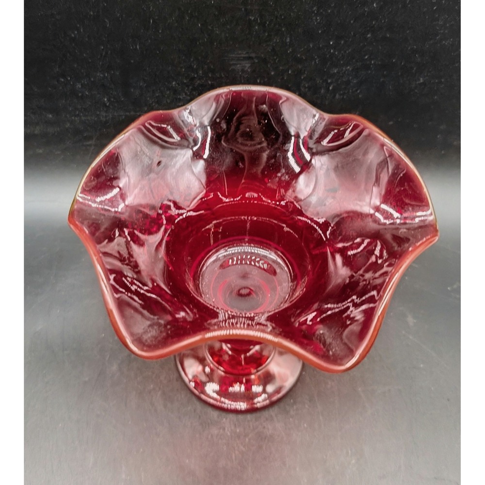 Ruby Red Glass Compote Ruffled Rim Grapevine Pattern Pedestal Candy Dish - Picture 8 of 9